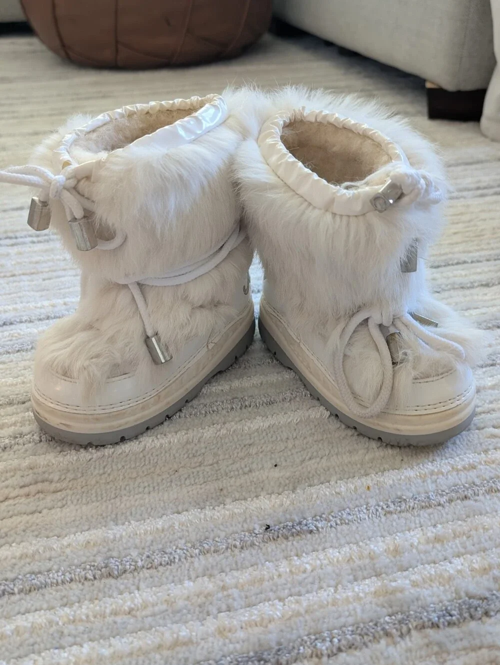 Cozy Kids White Faux-Fur Snow Boots with Drawstring
